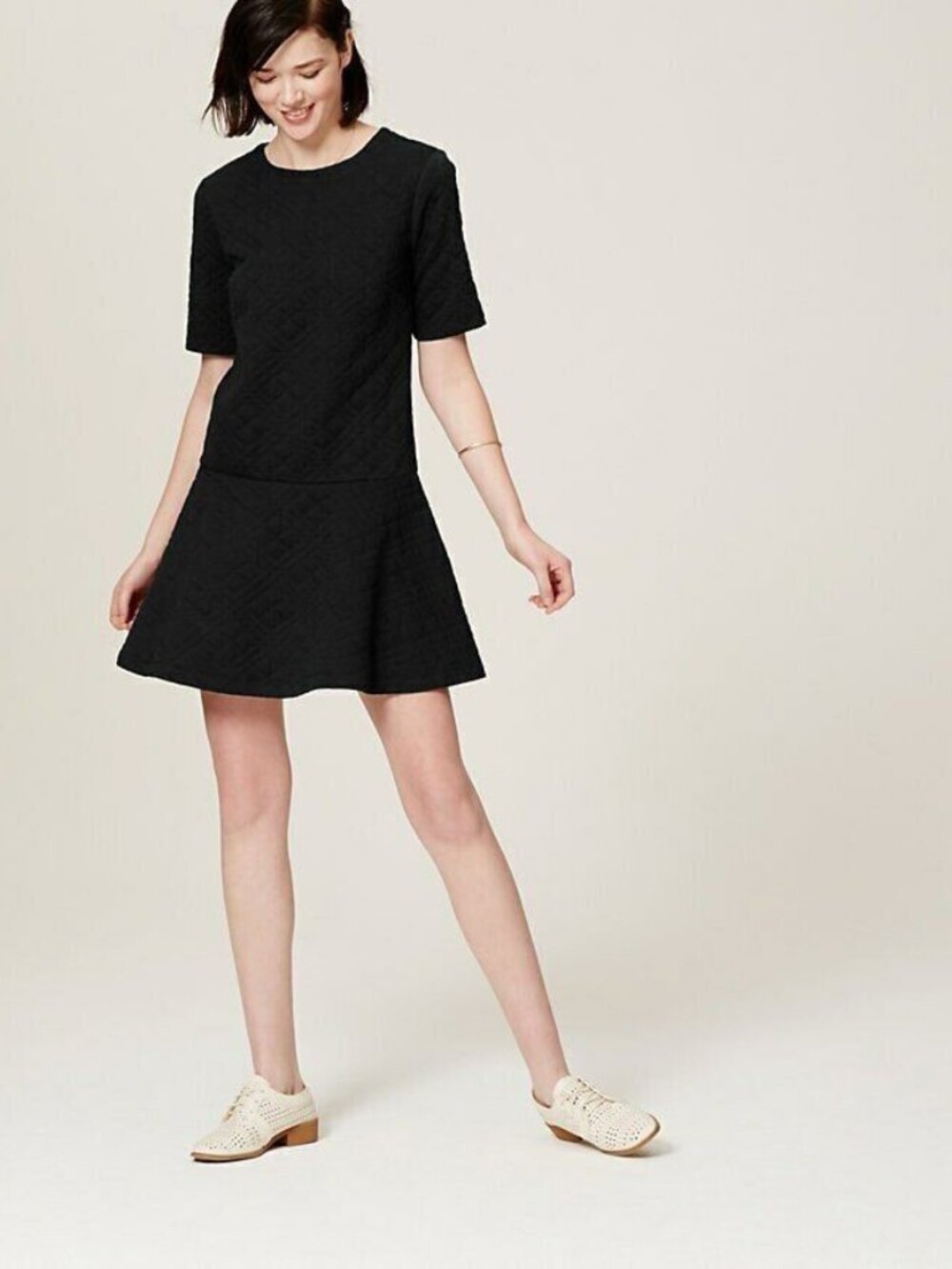 Ann Taylor Loft black quilted flounce flared A-line drop-waist skater dress M